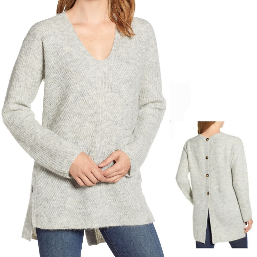Point Sur Grey V-neck Sweater w/ Back Buttons